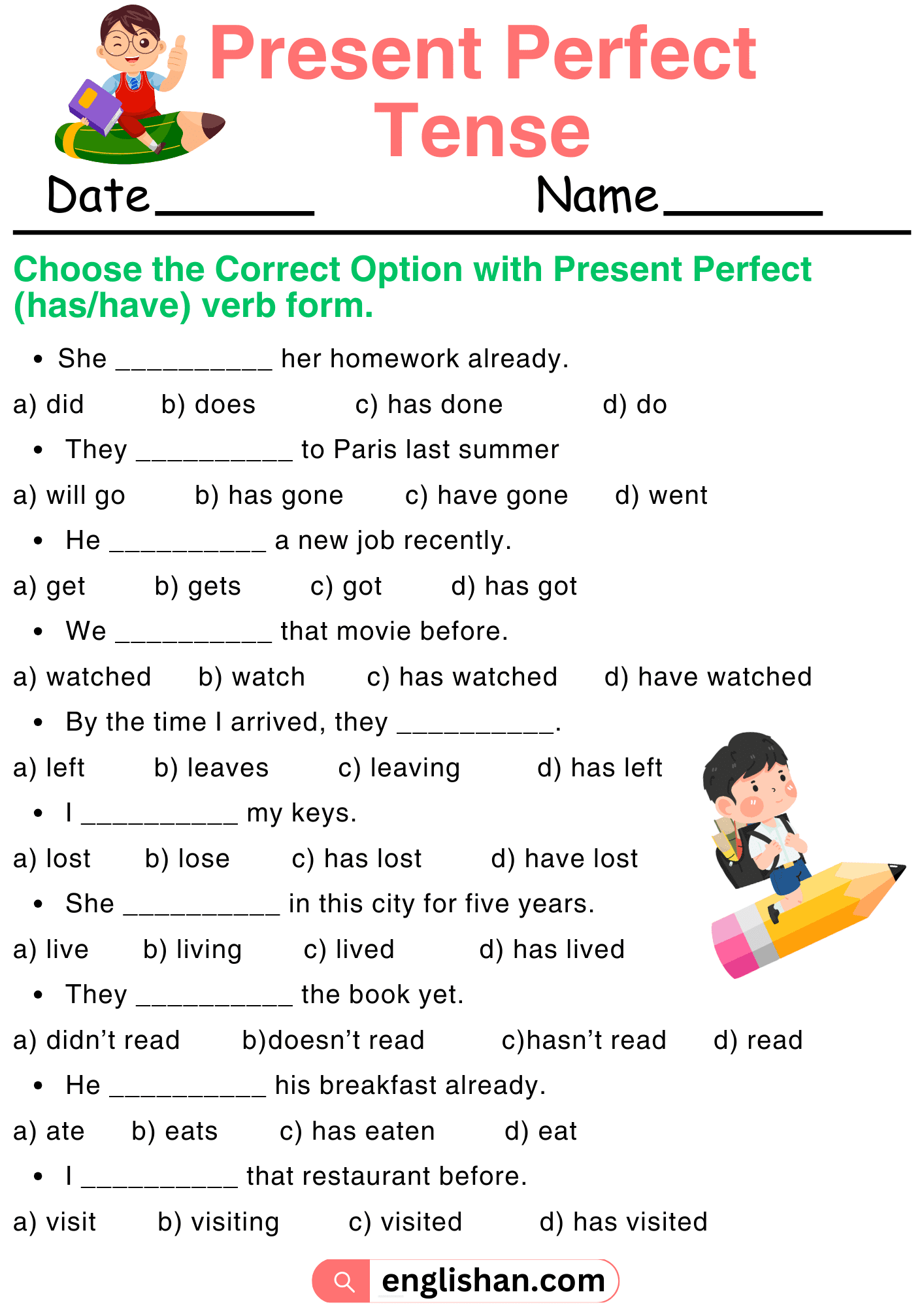 Present Perfect Tense Worksheets And Exercises With Answers Present Perfect Tense Worksheets And Exercises With Answers