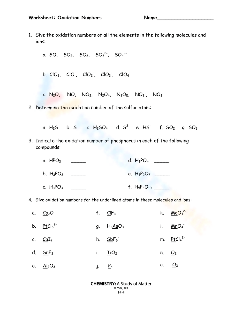 Printable 10th Grade Assigning Oxidation Numbers Worksheets