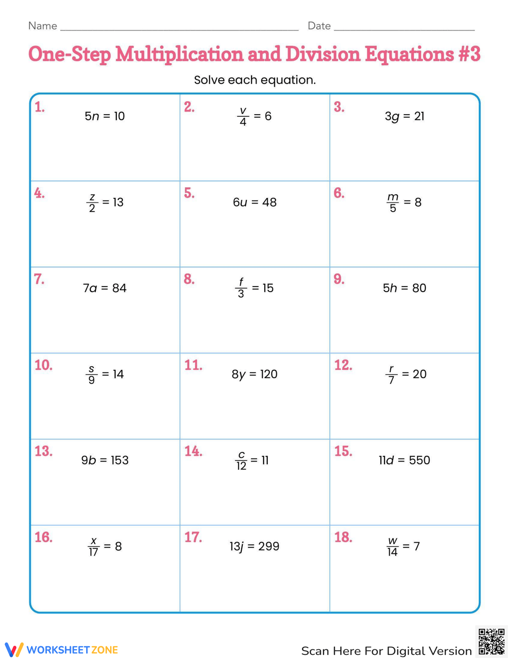 Printable 6th Grade One Variable Equations Worksheets Download