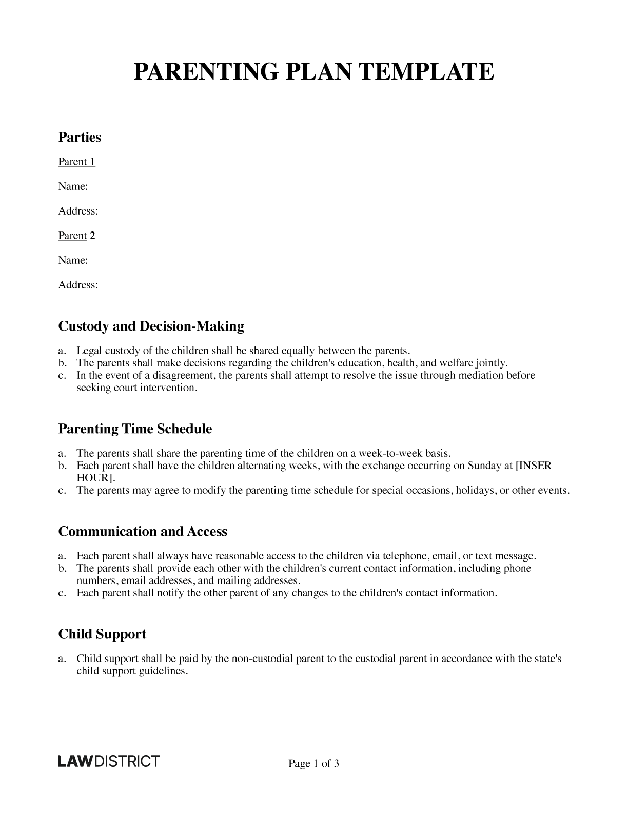 Printable Parenting Plan Template PDF Word Lawdistrict Printable Parenting Plan Template PDF Word Lawdistrict