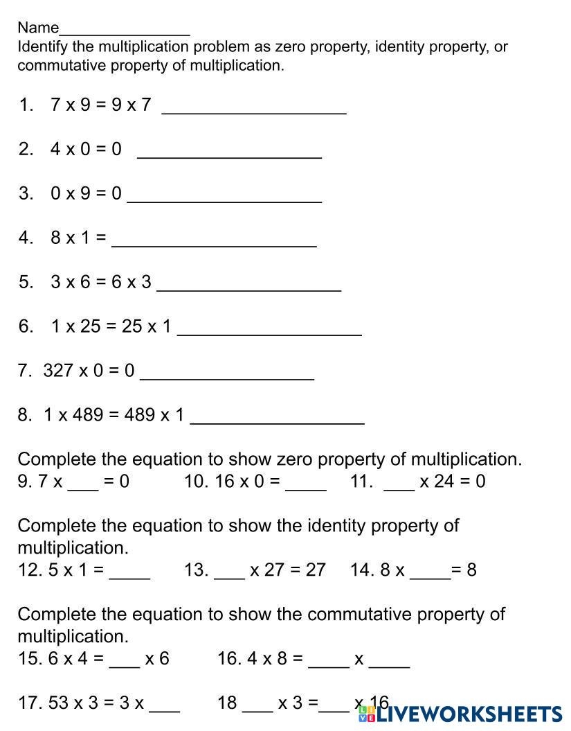 Properties Of Multiplication Zero Identity Commutative Live Worksheets Library