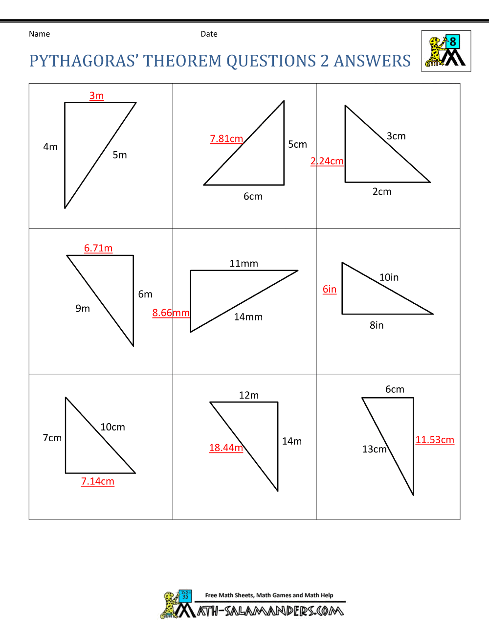 Pythagoras Theorem Questions Pythagorean Theorem Worksheet Answer Key For Classwork Studocu