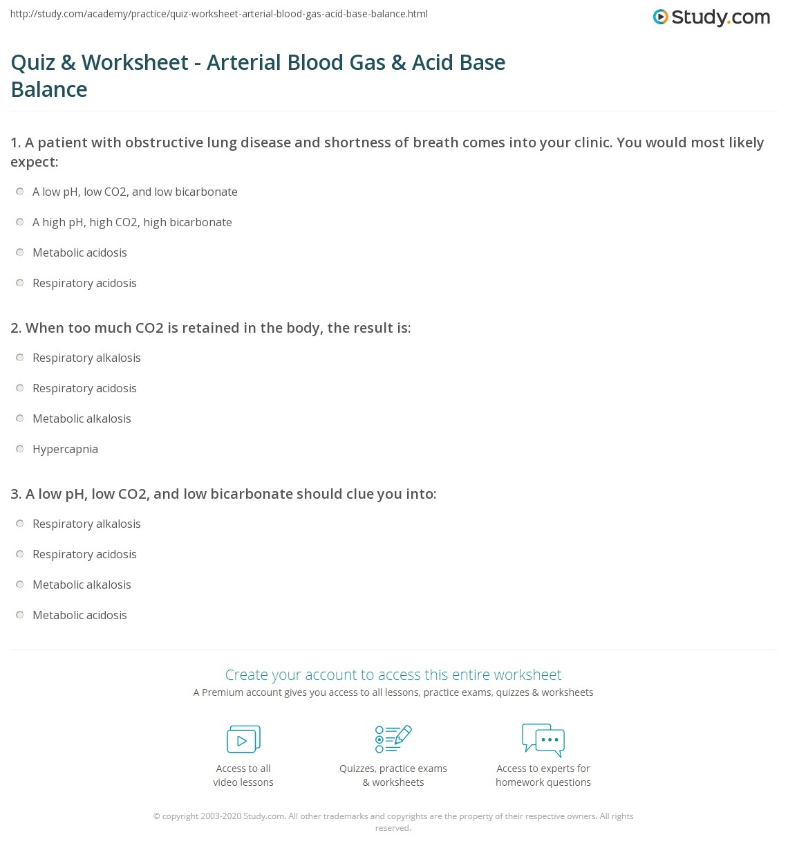 Quiz Worksheet Arterial Blood Gas Acid Base Balance Study