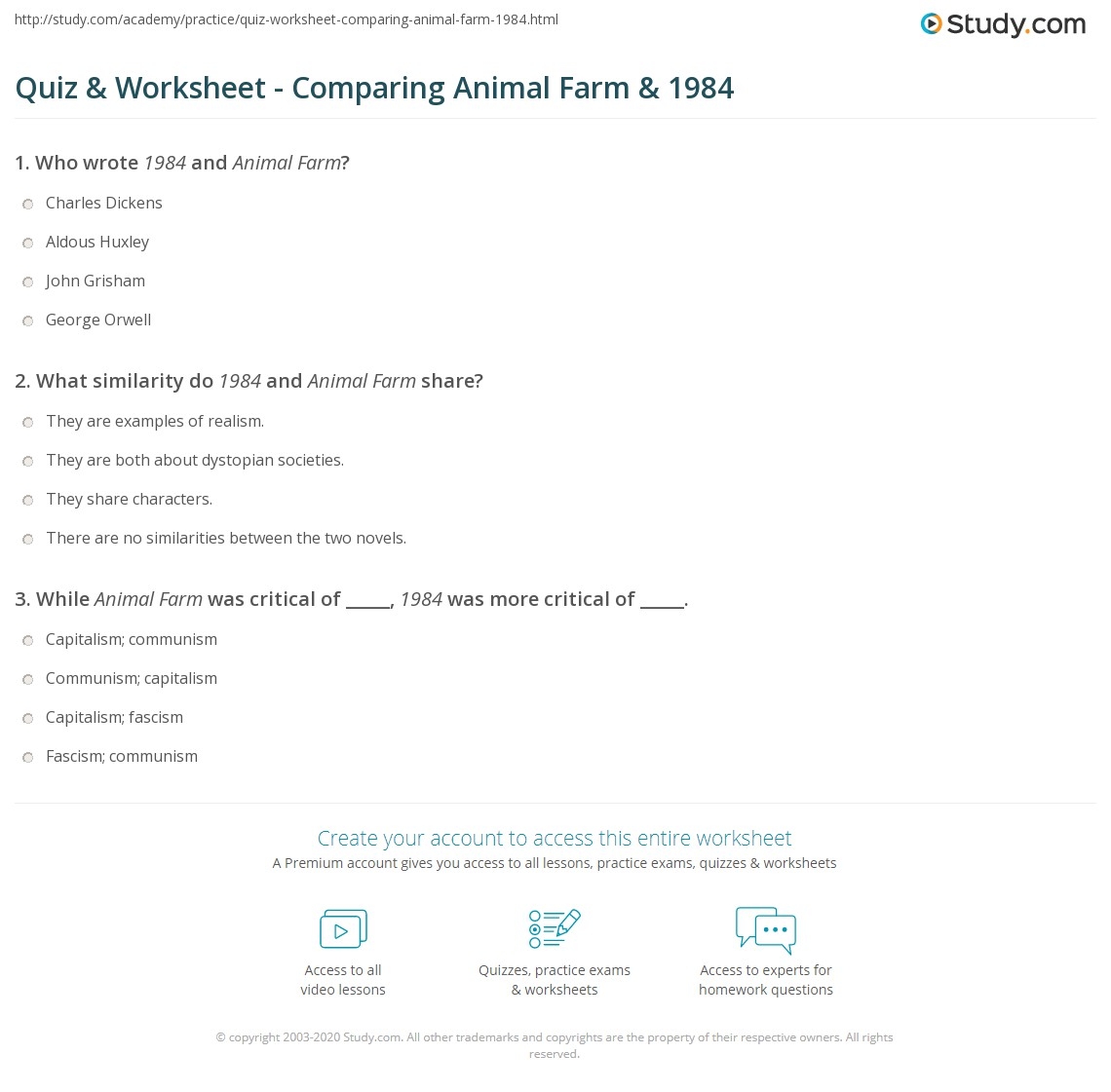 Quiz Worksheet Comparing Animal Farm 1984 Study