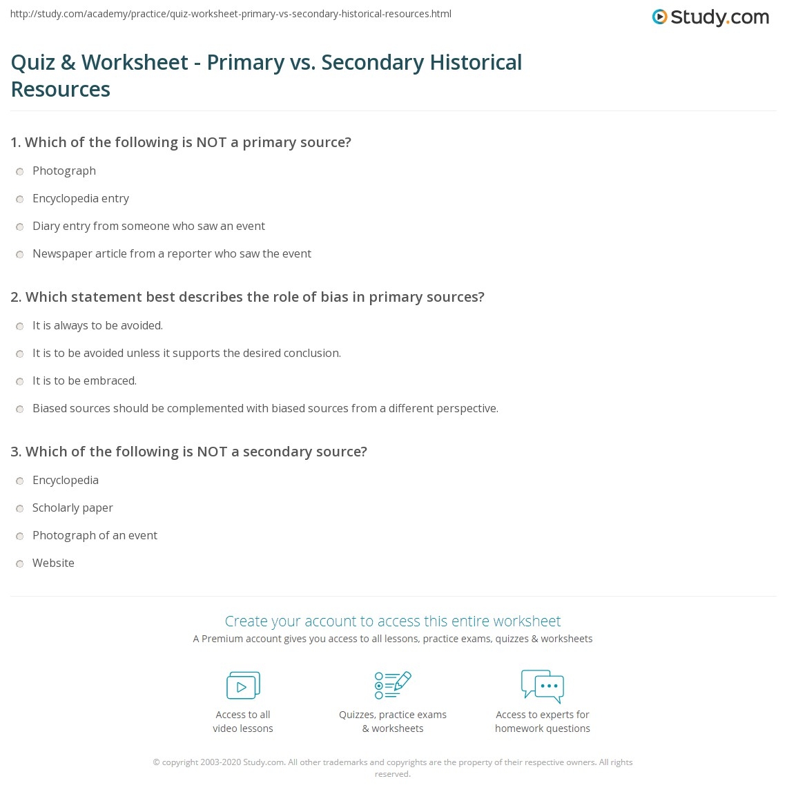 Quiz Worksheet Primary Vs Secondary Historical Resources Study