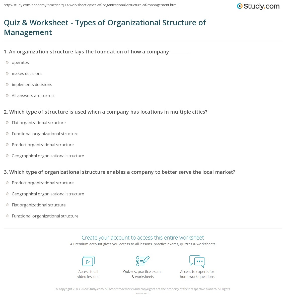 Quiz Worksheet Types Of Organizational Structure Of Management Study
