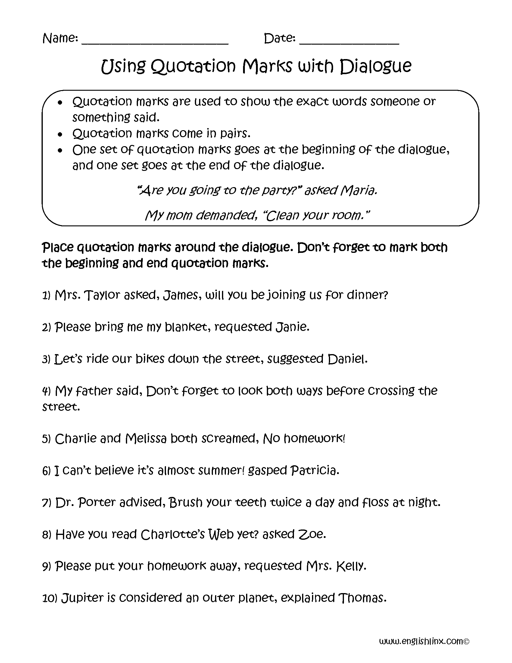 Quotation Marks Worksheets Using Quotation Marks With Dialogue Worksheets