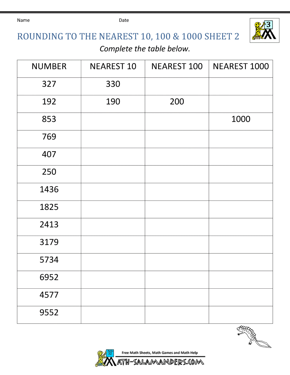 Rounding To The Nearest 1000 Worksheets