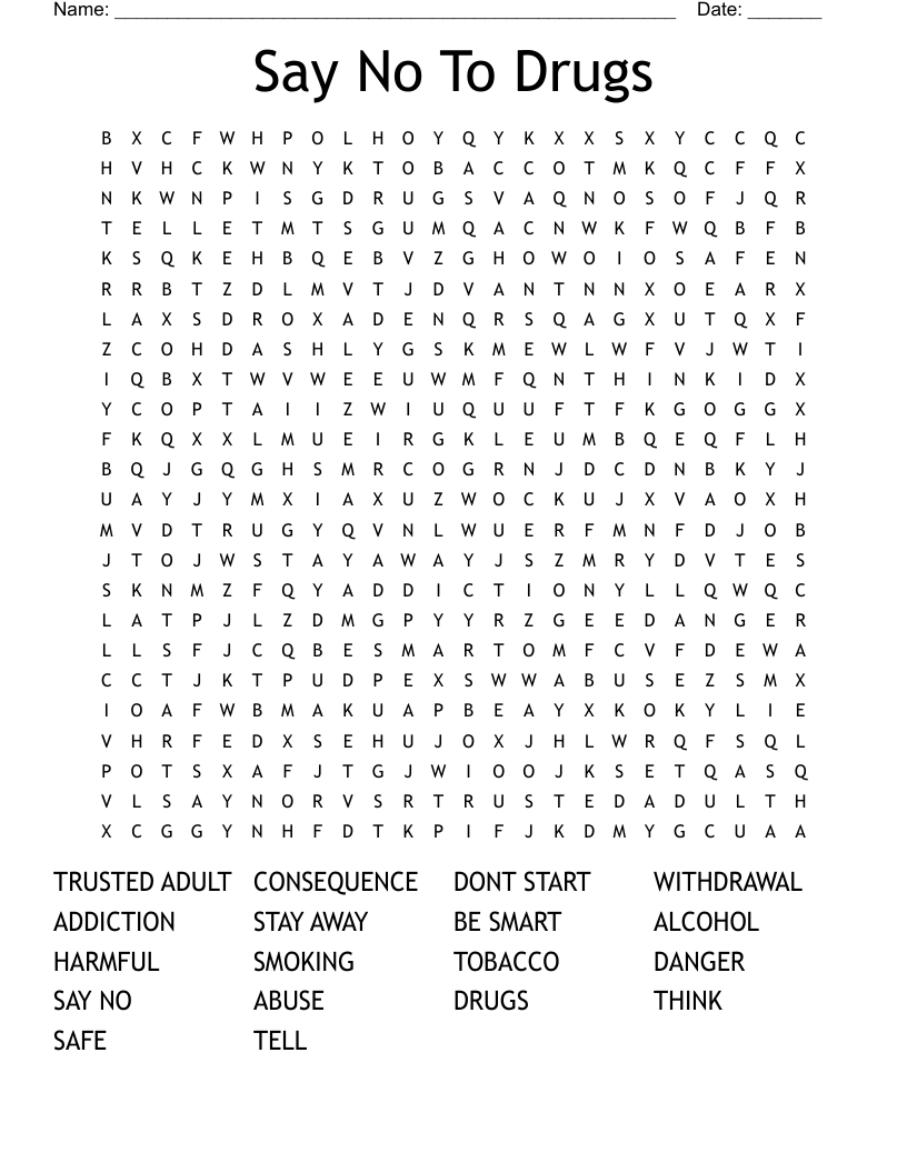 Say No To Drugs Word Search WordMint Red Ribbon Week Drug Free Activities Worksheets Library
