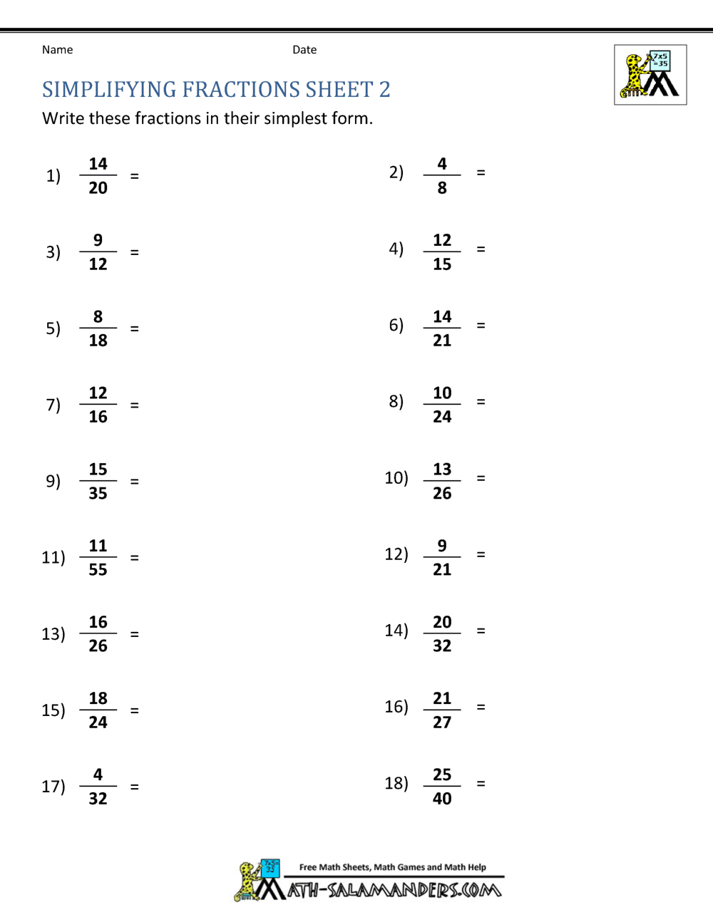 Simplifying Fractions Worksheet Fraction Worksheets Pdf Downloads Math Champions