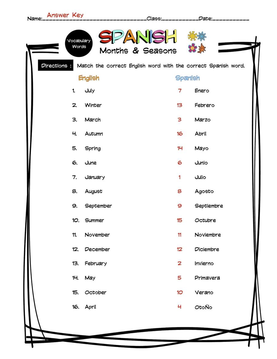 Spanish Months Seasons Vocabulary Matching Worksheet Answer Key Made By Teachers Spanish Months Seasons Vocabulary Matching Worksheet Answer Key Made By Teachers