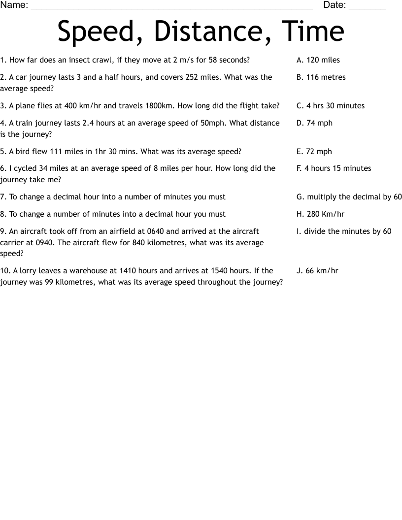 Speed Distance Time Worksheet WordMint Speed Distance Time Worksheet WordMint