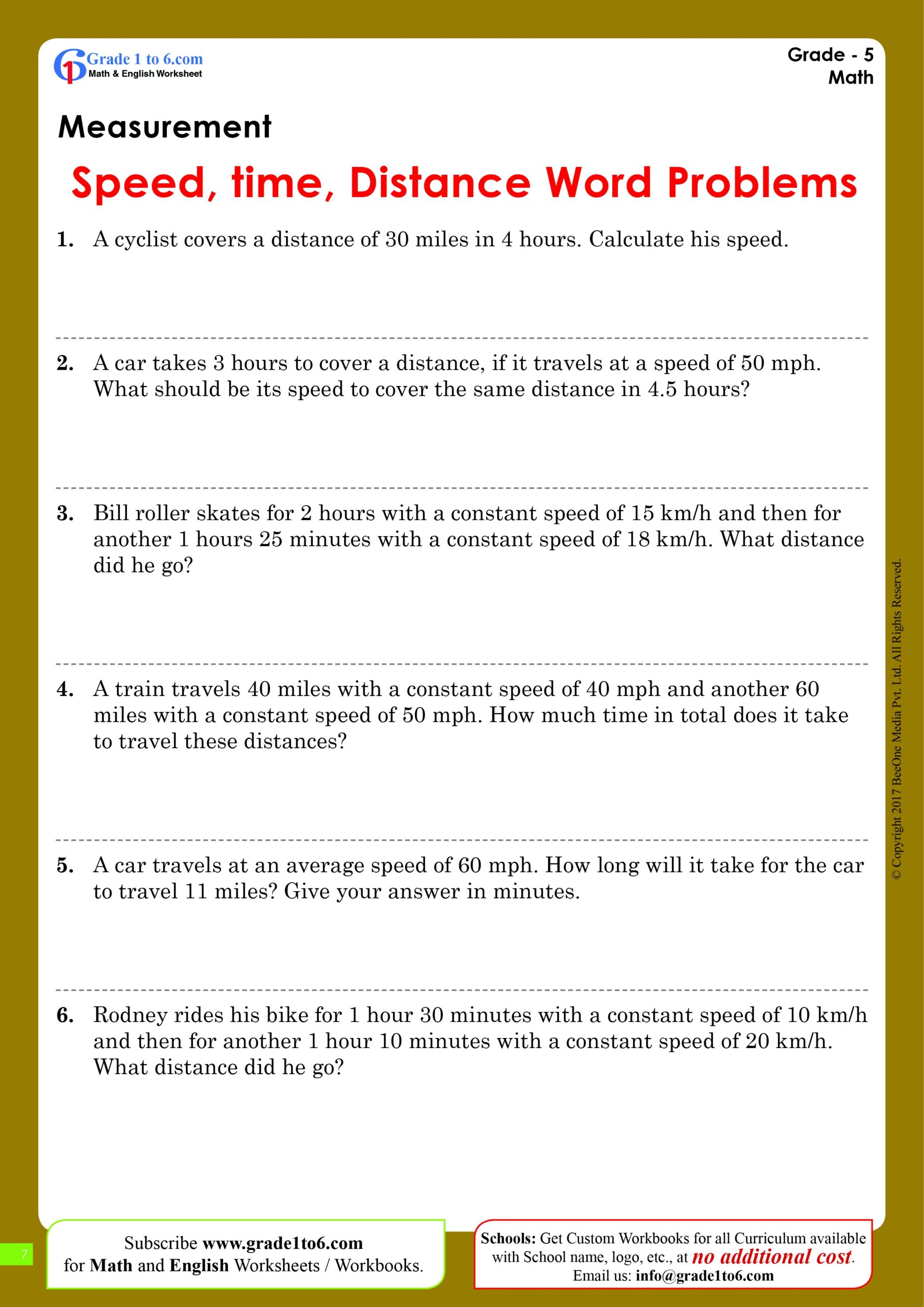 Speed Time And Distance Word Problems Worksheet Grade1to6 Speed Time And Distance Word Problems Worksheet Grade1to6
