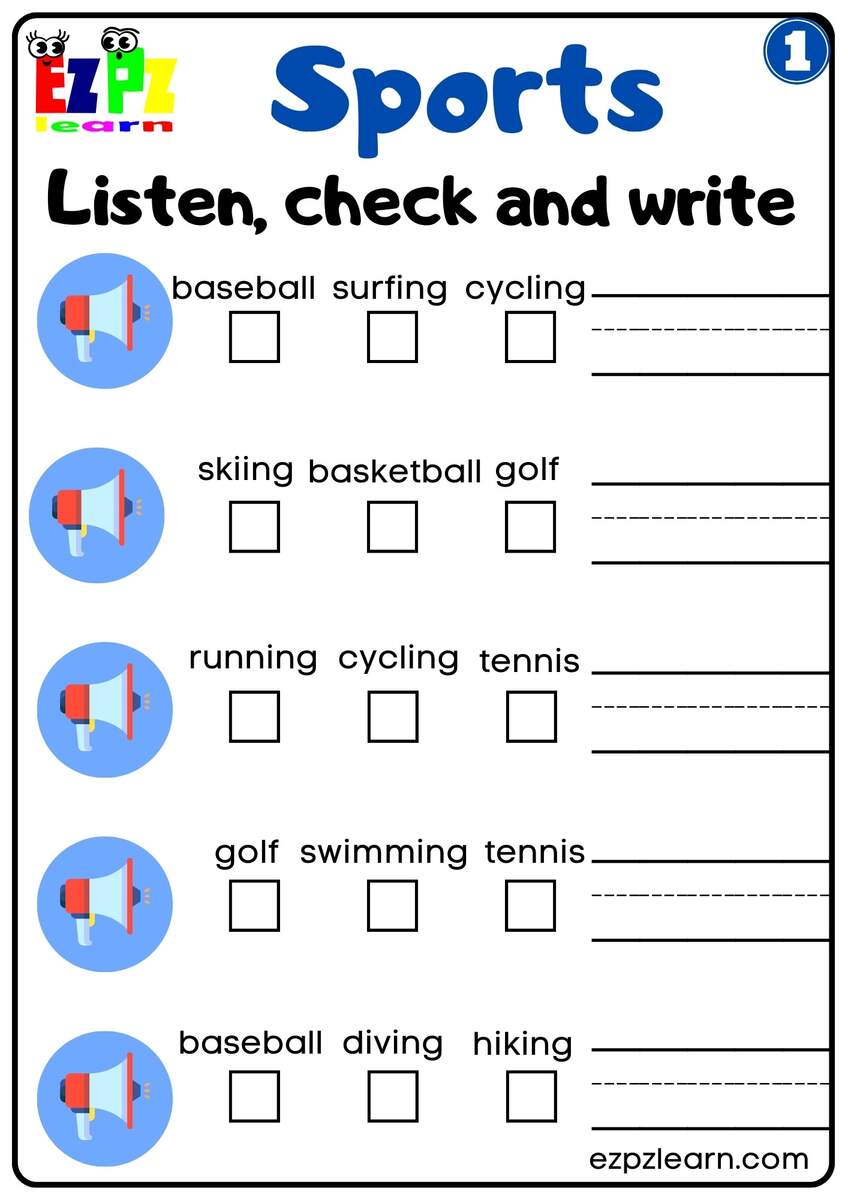 Sports Interactive Worksheet Listen Check And Write The Words Activity For Kids K3 And ESL Students G1 Ezpzlearn Sports Interactive Worksheet Listen Check And Write The Words Activity For Kids K3 And ESL Students G1 Ezpzlearn