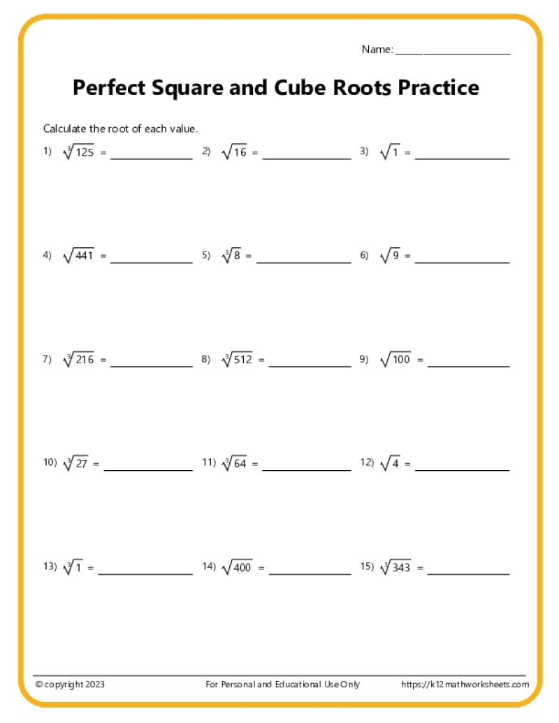 Square Roots Worksheets