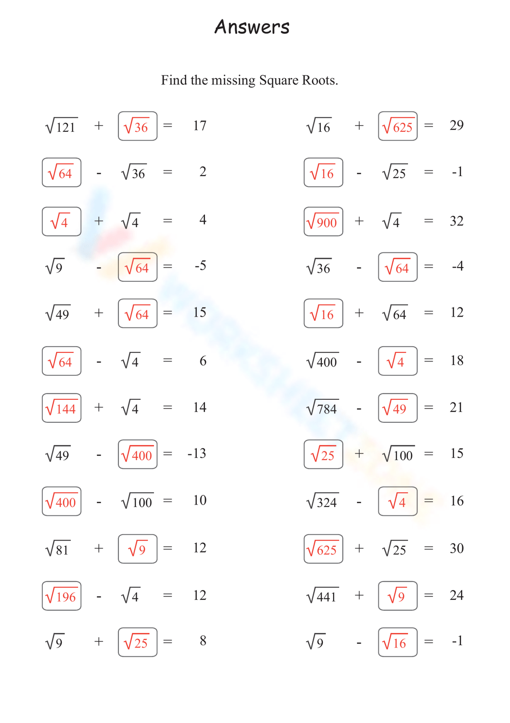 Square Roots Worksheets