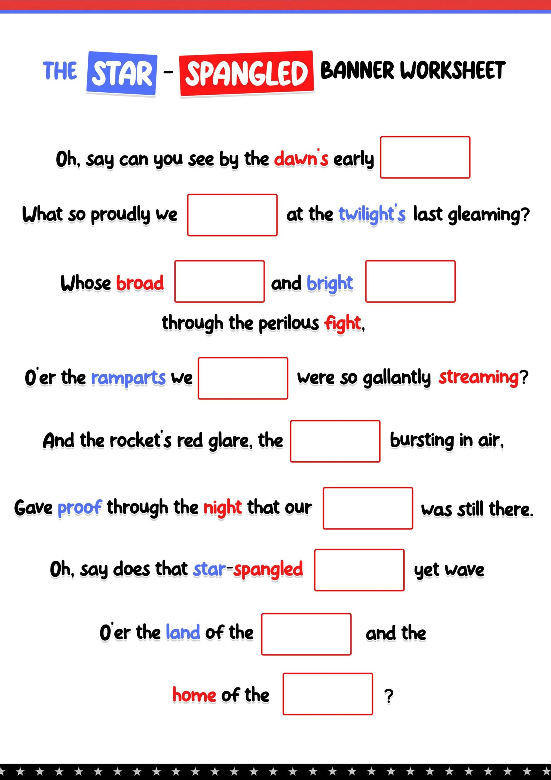 Star Spangled Banner Fill In The Blank Worksheet Worksheets Library