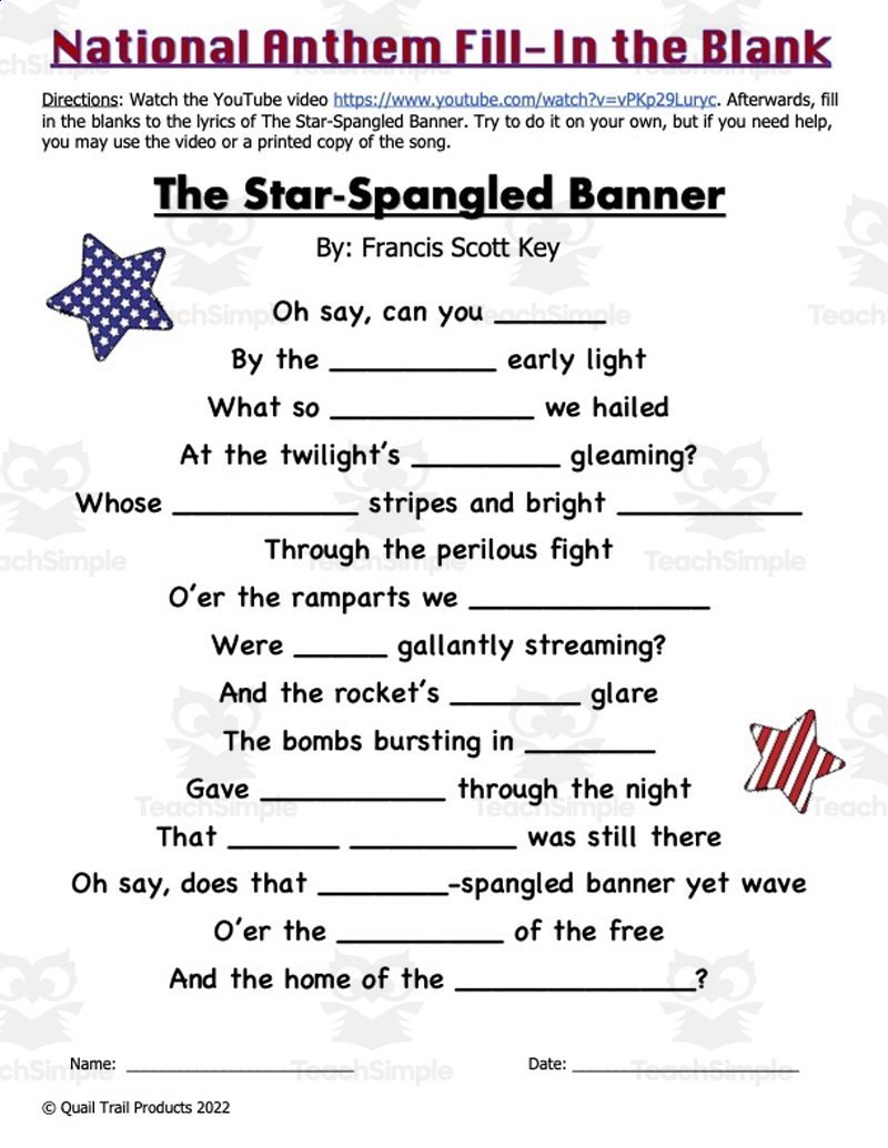 Star Spangled ELA Worksheets By Teach Simple
