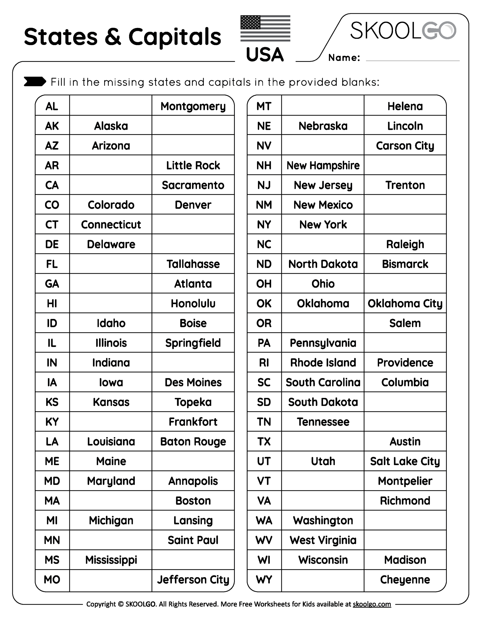 States And Capitals Free Worksheet For Kids SKOOLGO U S States Capitals Worksheets Test Sheets Maps U S Geography Made By Teachers