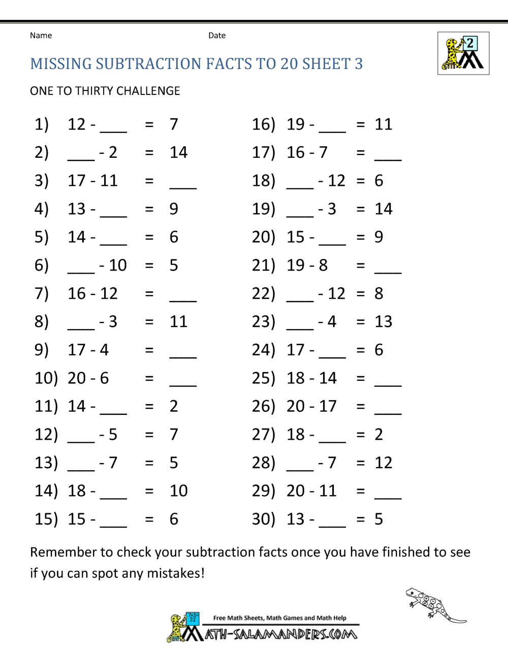 Subtraction Facts To 20 Worksheets Missing Number Subtraction Worksheets Superstar Worksheets