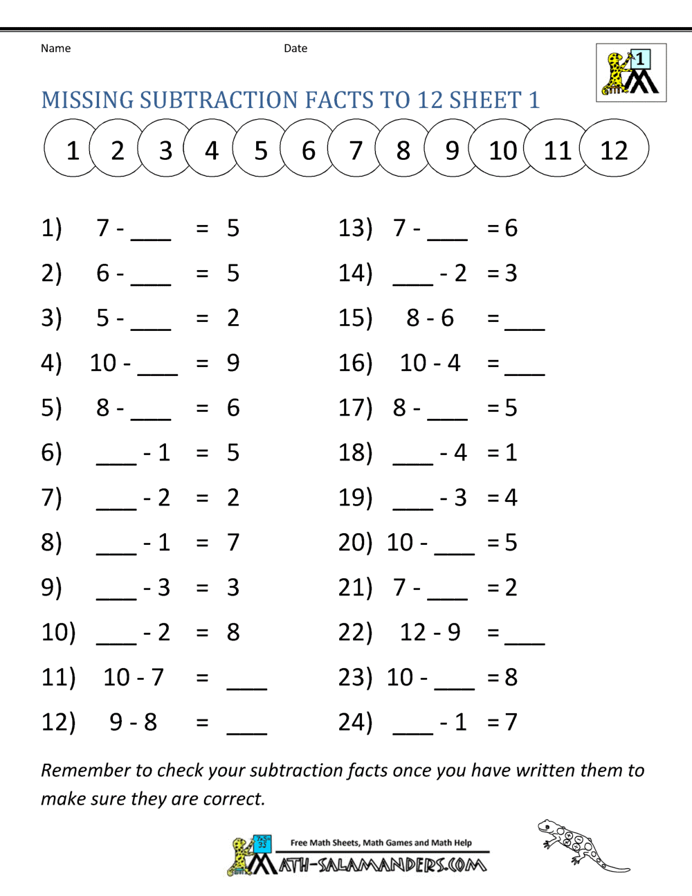 Subtraction Facts Worksheets 1st Grade