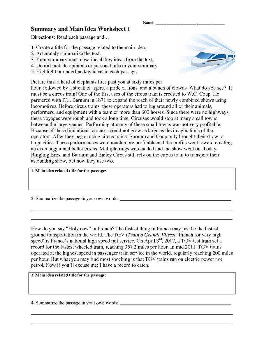Summarizing Worksheet 1 Reading Activity