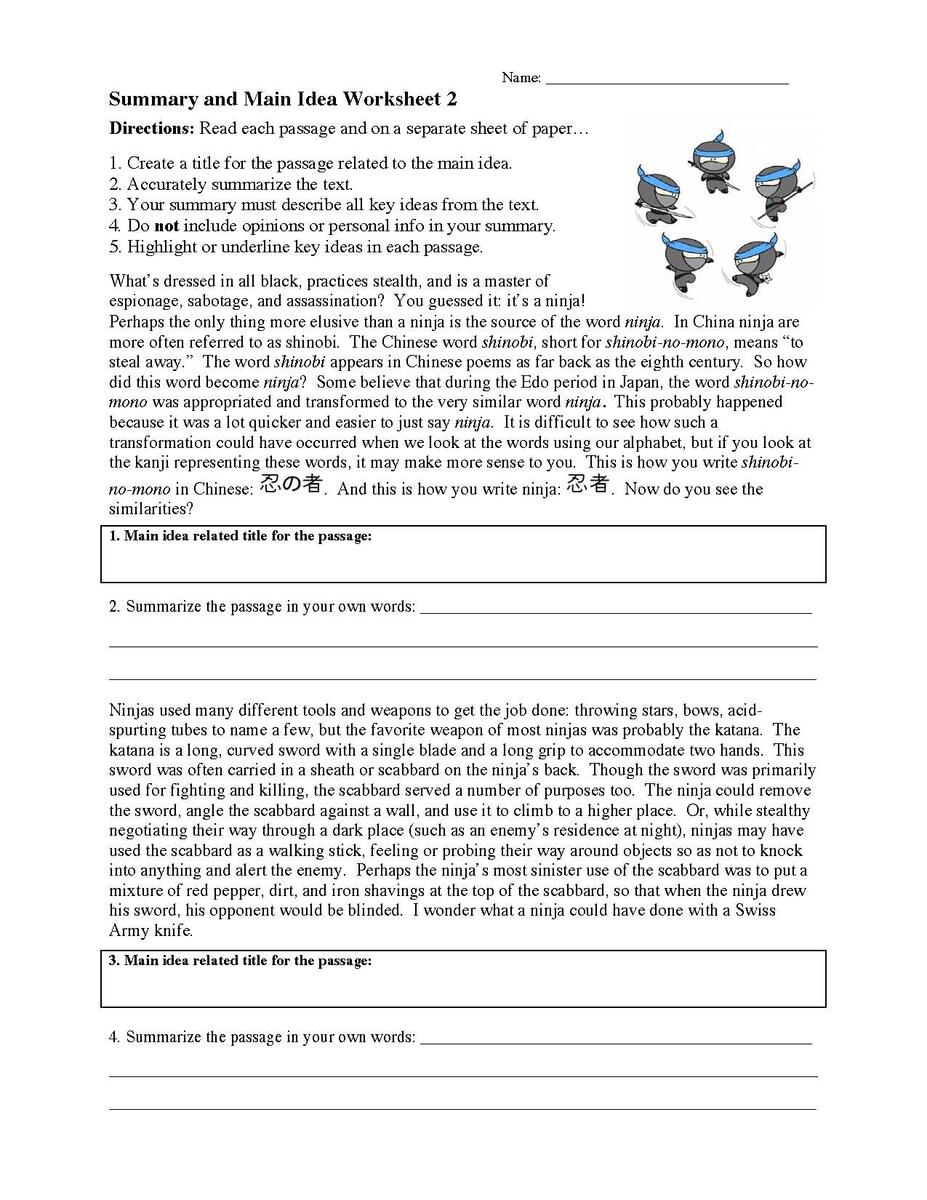 Summarizing Worksheets Activities Reading Comprehension