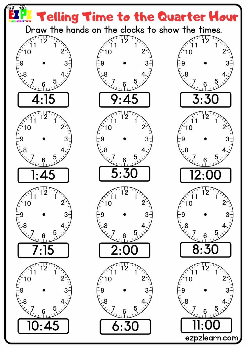 Telling Time To The Quarter Hour Draw The Hands On The Clocks For K5 And English Language Learners Free PDF Download Ezpzlearn Telling Time To The Quarter Hour Draw The Hands On The Clocks For K5 And English Language Learners Free PDF Download Ezpzlearn