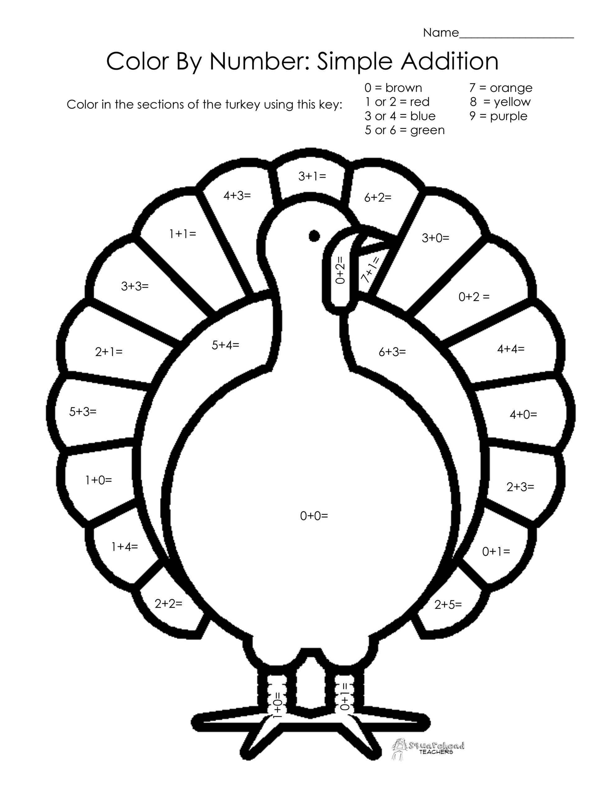 Thanksgiving Color By Number Simple Addition Squarehead Teachers