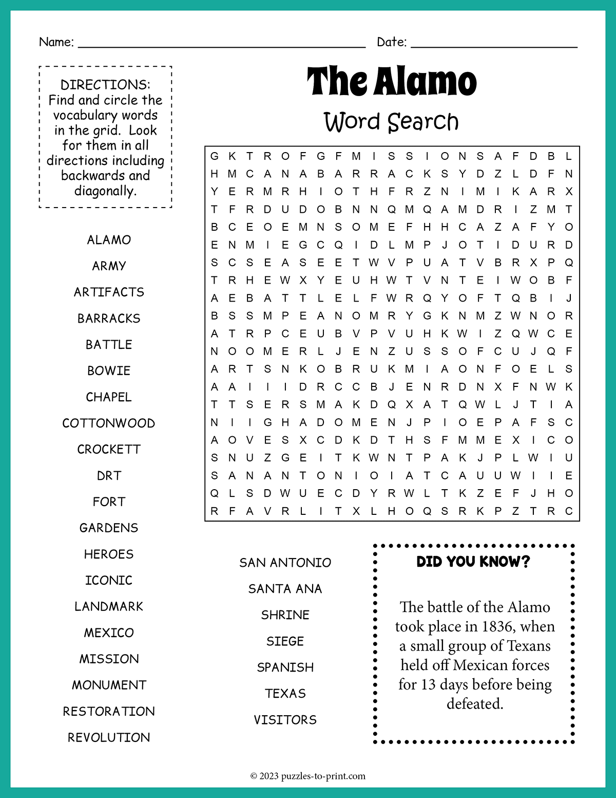 The Alamo Word Search