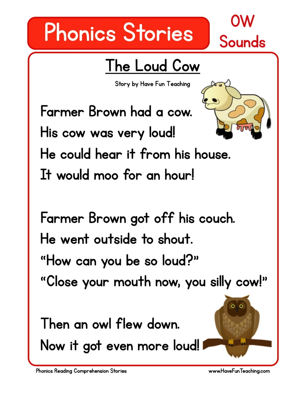 The Loud Cow Phonics Reading Comprehension Story Worksheet OW Sound Have Fun Teaching Oa Ow Worksheets Flower Coloring Activity Reading Elephant
