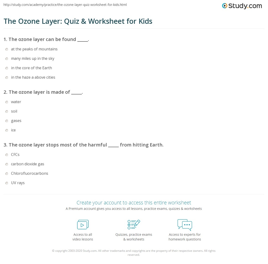 The Ozone Layer Quiz Worksheet For Kids Study