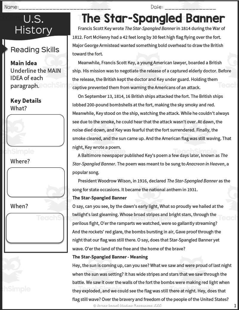 The Star Spangled Banner Reading Packet By Teach Simple
