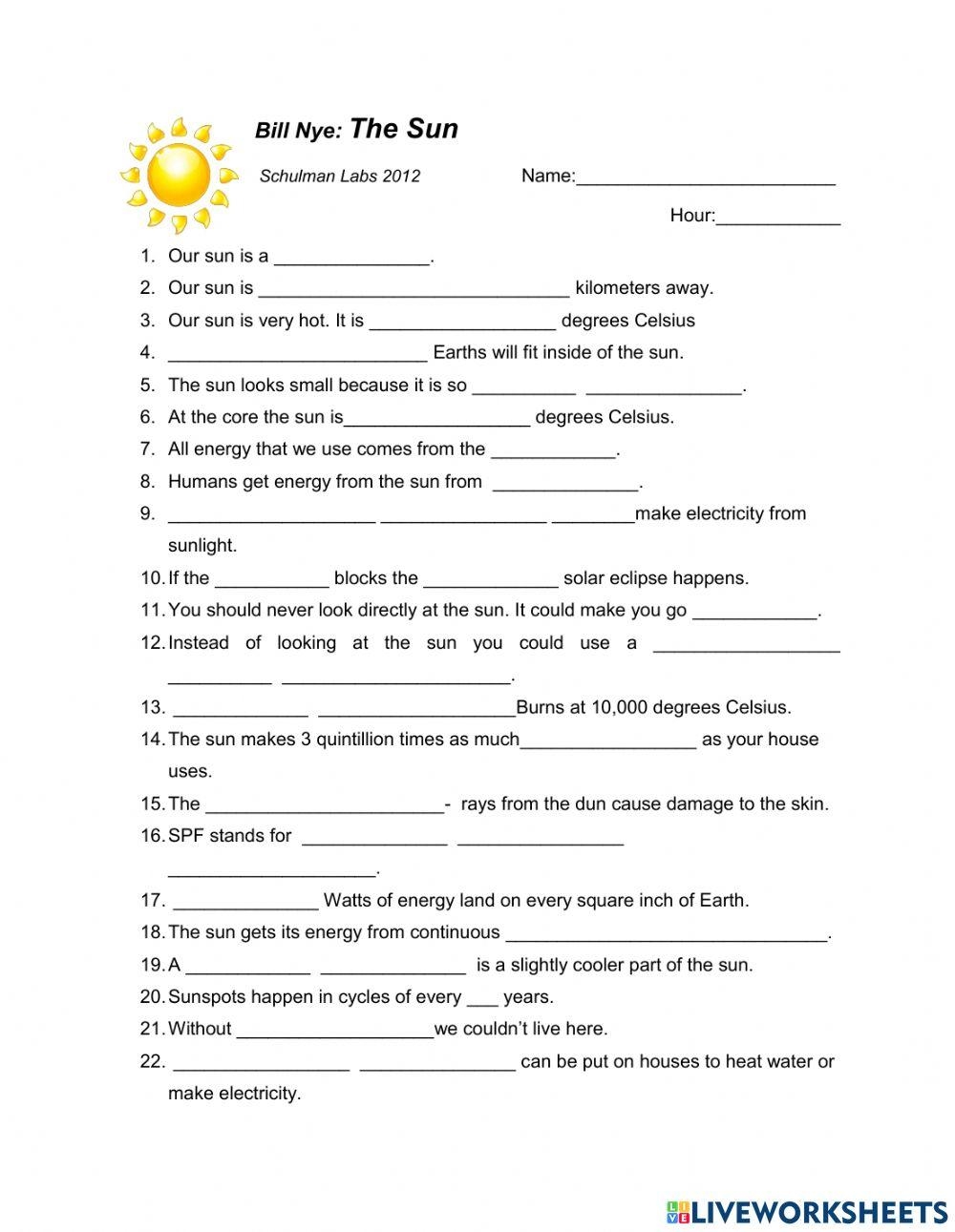 The Sun Bill Nye Online Exercise For Worksheets Library