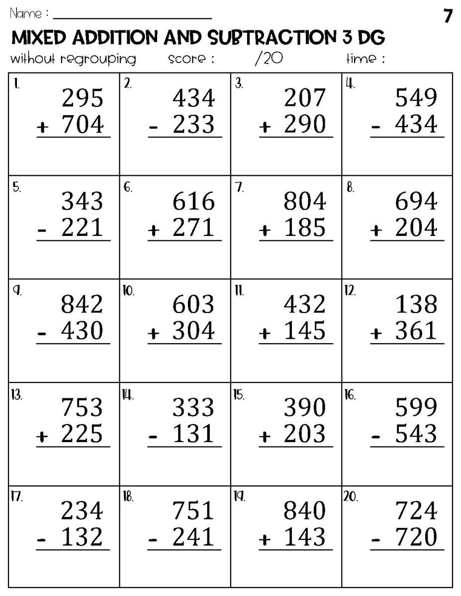 Three Digit Mixed Addition And Subtraction Without Regrouping Worksheets Etsy