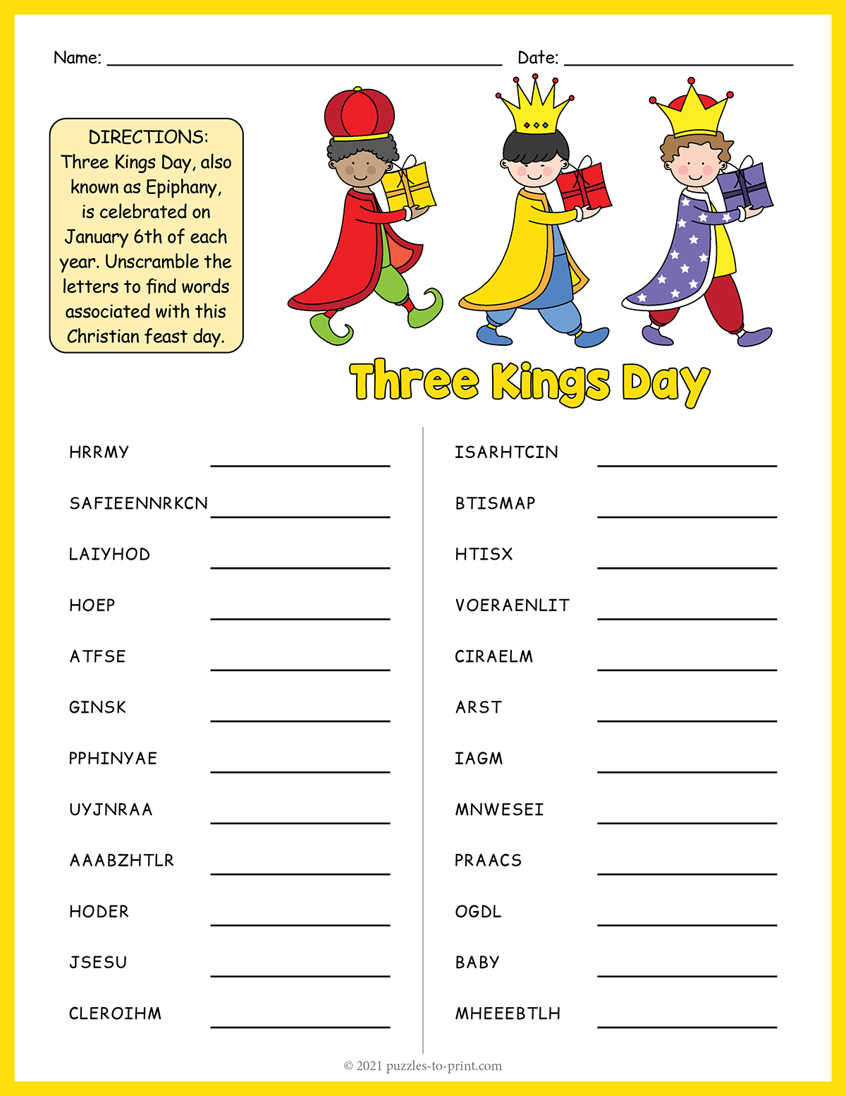 Three Kings Day Word Scramble