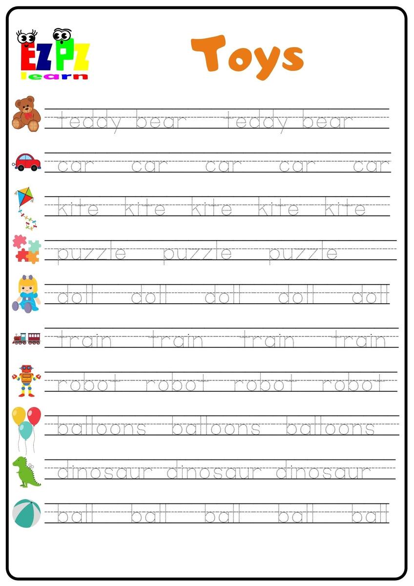 Toys Word Tracing Worksheet Ezpzlearn Read It Trace It Write It Fry S First 100 Sight Words Fun Early Learning