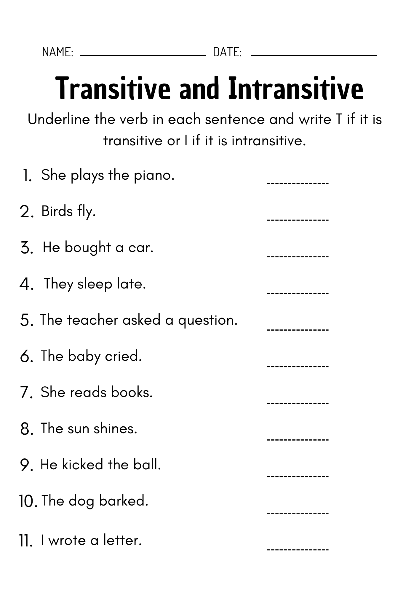 Transitive And Intransitive Verbs Worksheets Teaching Resources