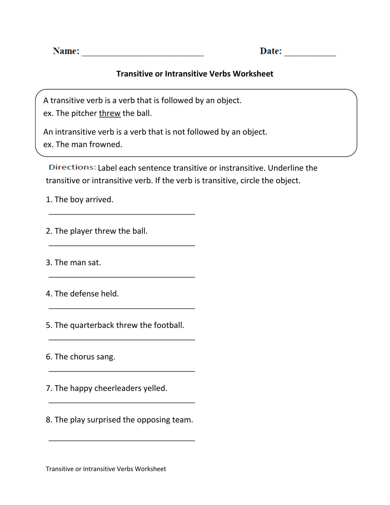 Transitive Intransitive Verbs Worksheet Transitive Intransitive Verbs Worksheet