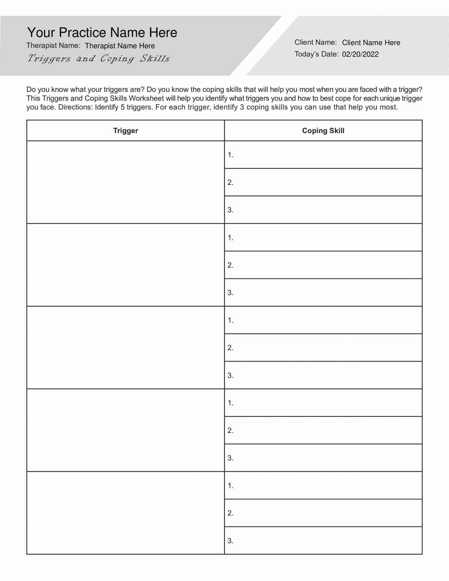 Triggers And Coping Skills Worksheet PDF TherapyByPro