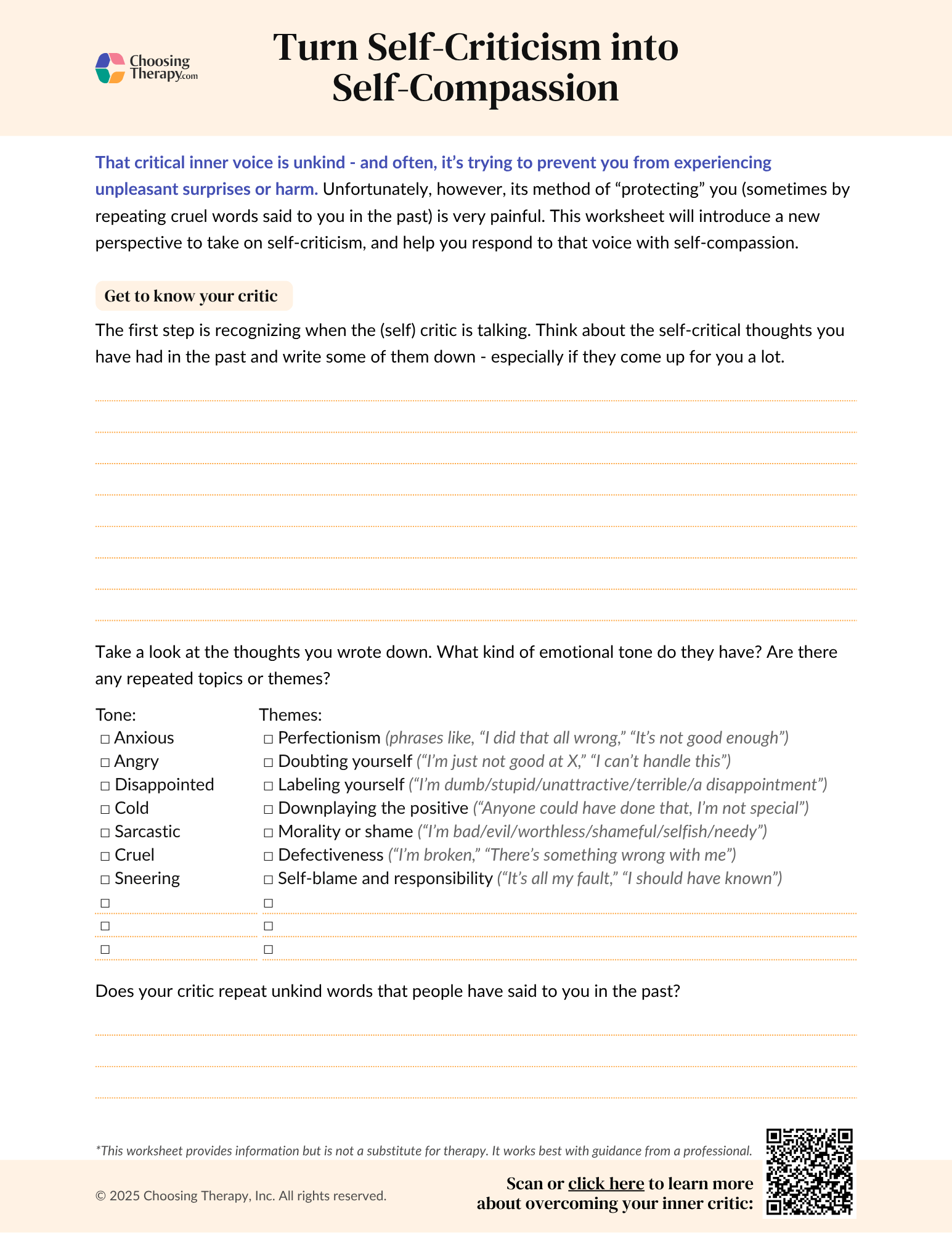Turn Self Criticism Into Self Compassion Worksheet Free Printable PDF ChoosingTherapy