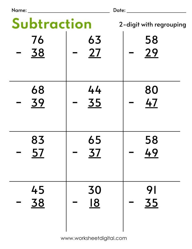 Two Digit Subtraction Worksheets With Regrouping PDF Etsy Double Digit Subtraction With Regrouping Borrowing K12 Math Worksheets
