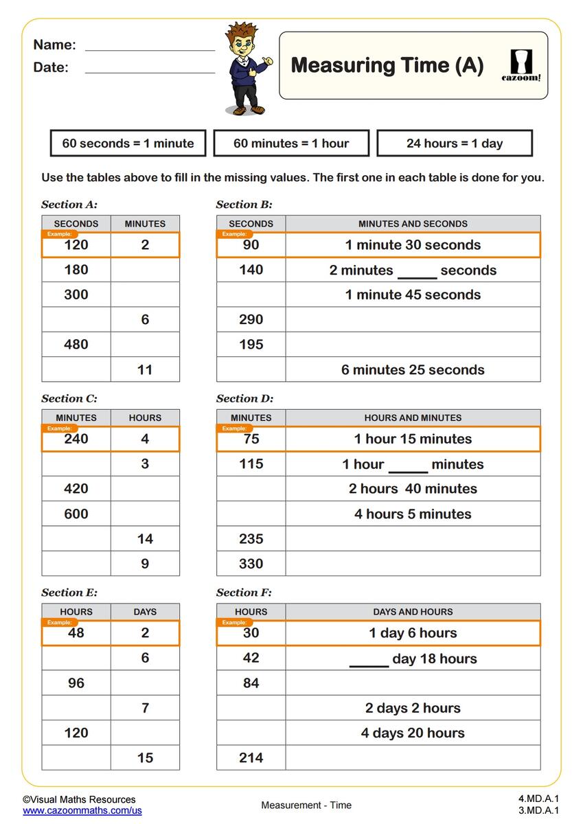 Units Of Time B PDF Printable Measurement Worksheets Cazoom Math