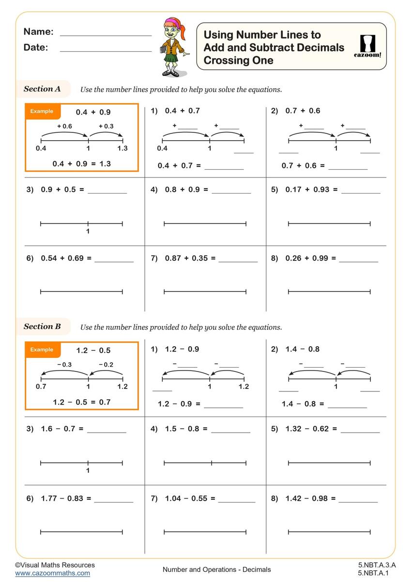 Using Number Lines To Add And Subtract Decimals Crossing One Worksheet Printable PDF 5th Grade Number Operations Worksheet Cazoom Math Using Number Lines To Add And Subtract Decimals Crossing One Worksheet Printable PDF 5th Grade Number Operations Worksheet Cazoom Math