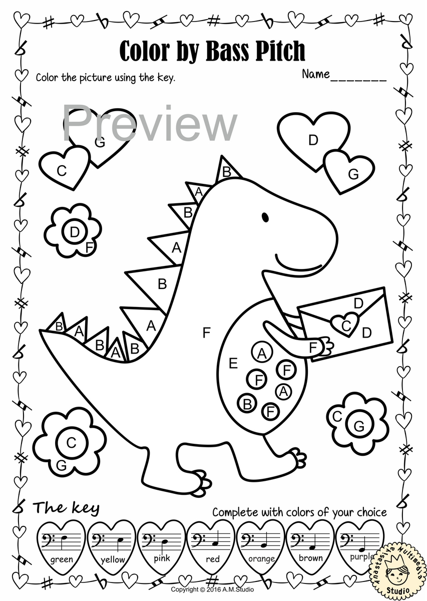 Valentine S Day Music Coloring Pages Color By Bass Clef Note Names