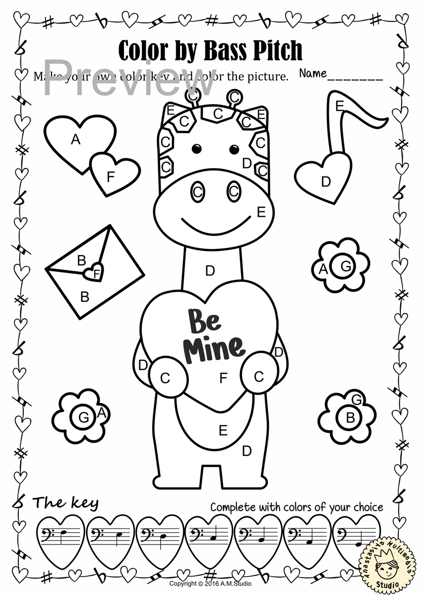 Valentine s Day Music Coloring Pages Color By Bass Clef Note Names