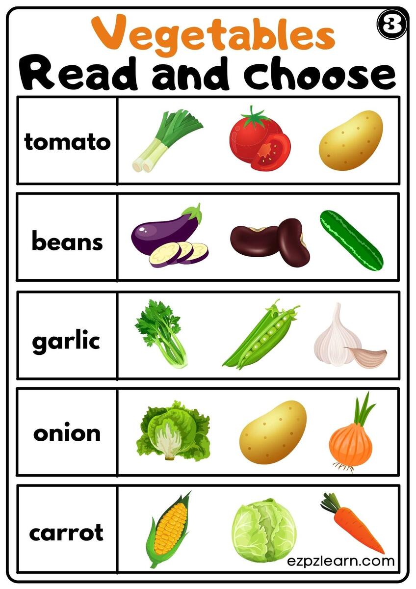 Vegetables Read And Choose Worksheet For K5 Kindergarten And ESL Students Set 3 Ezpzlearn Free Counting Vegetables Worksheet For Preschool