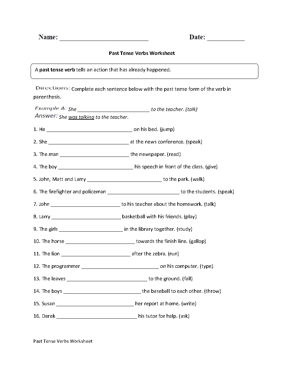 Verbs Worksheets Verbs Tenses Worksheets