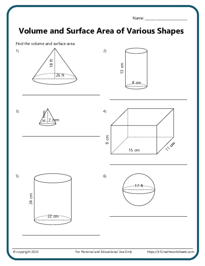 Volume And Surface Area Of Various Shapes K12 Math Worksheets Free Volume Of Cylinder Cones And Spheres Worksheet Download Free Volume Of Cylinder Cones And Spheres Worksheet Png Images Free Worksheets On Clipart Library