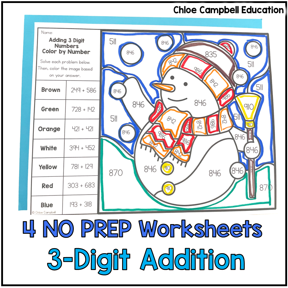 Winter Math 3 Digit Addition Color By Number Winter Adding Within 1 000 Chloe Campbell Education